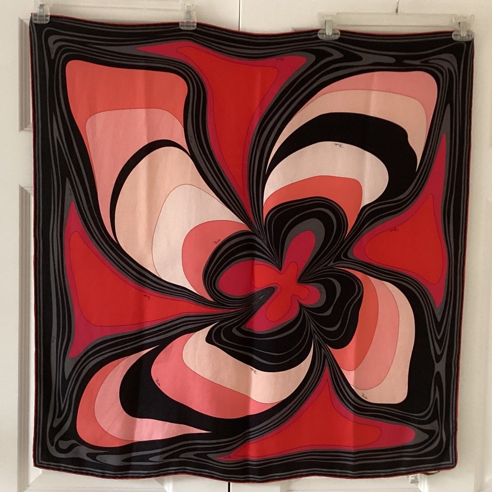 Emilio Pucci Red, Pink & Black Abstract Silk Scarf